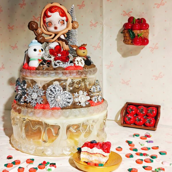 Enchanted Resin Cake with Redhead Doll & Winter Magic – Sparkling Holiday Decor